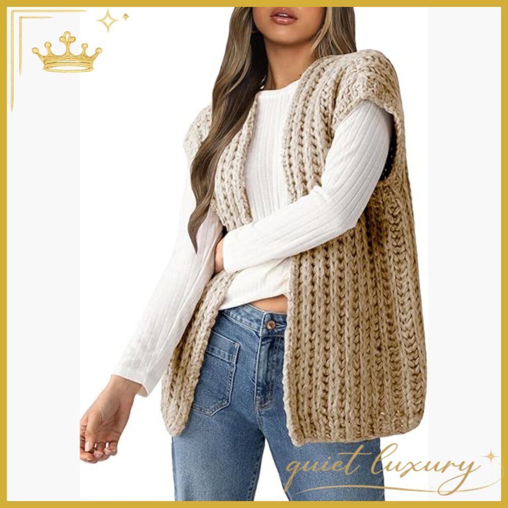 Chunky Knit Sweater Vest Open Front Cap Sleeve Loose Fit Acrylic